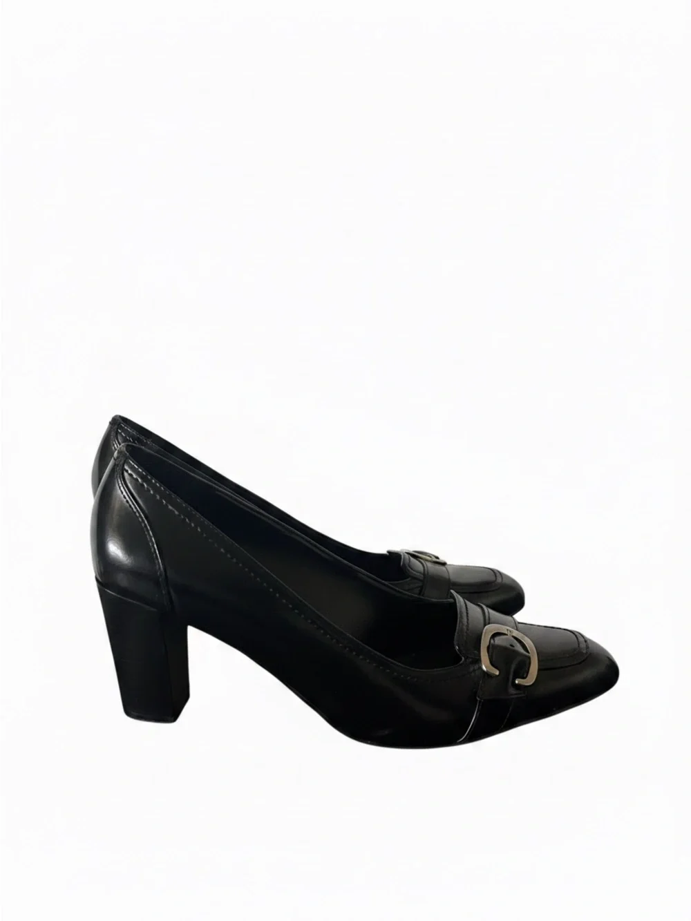 Enzo Angiolini Black Vegan Leather Loafer Pumps with Silver Buckle (Size 7.5 M)